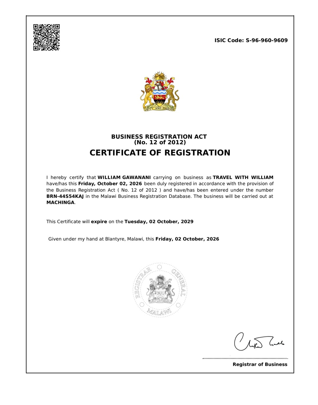Official Certificate of Registration for Travel with William, issued by the Registrar of Business in Malawi